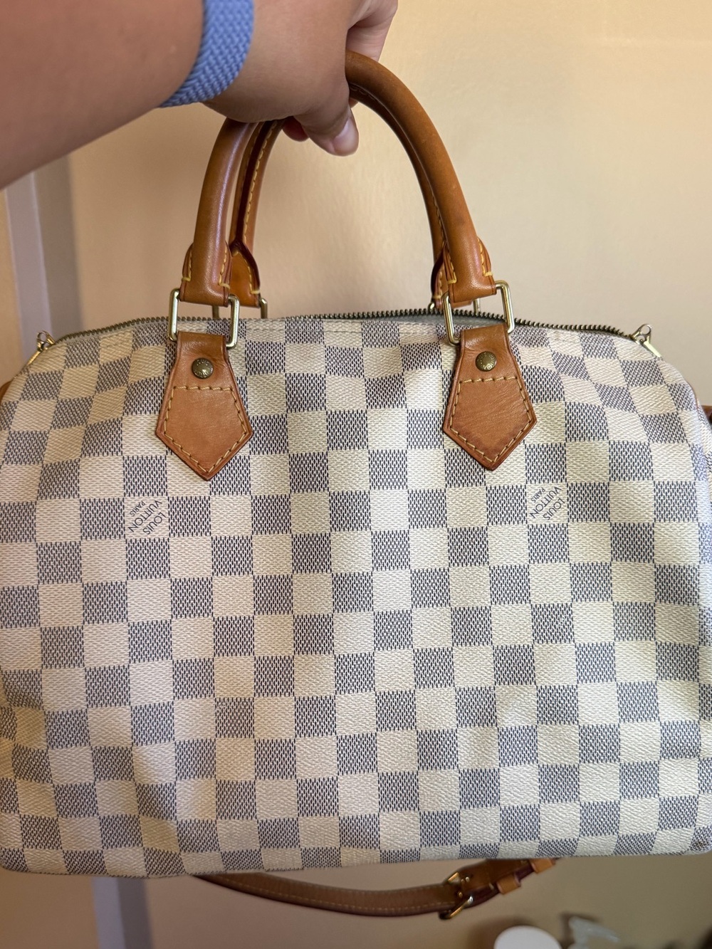 Louis Vuitton Damier Azur Canvas Satchel with Tan Leather Handles
